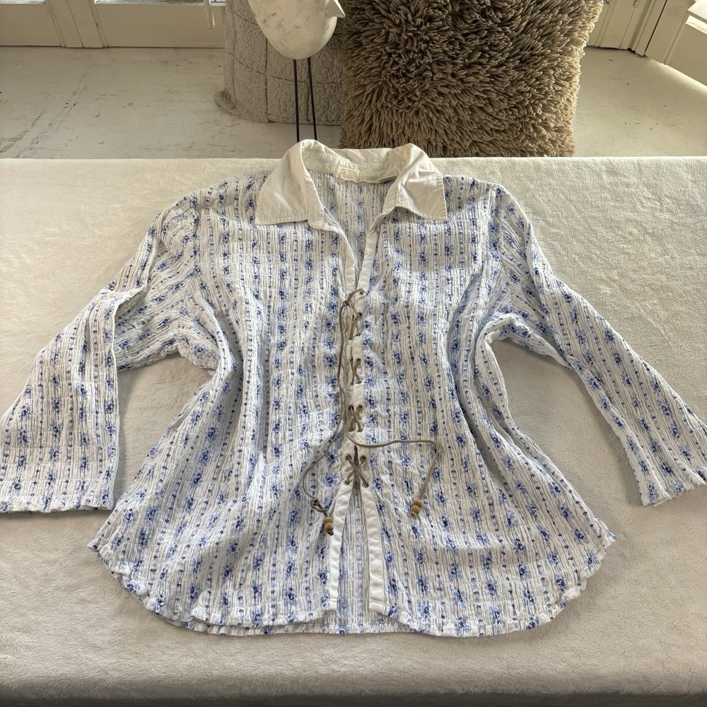Andrew & Co Womens 3X Smocked Boho Blouse Lace Up Floral Cottagecore Top
